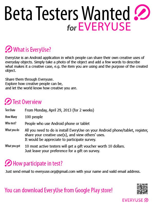 EveryUse's tweet photo. Beta test starts today! Download EveryUse from Google play and share your creative uses on EveryUse~ :)  http://t.co/O57YWqxLzH