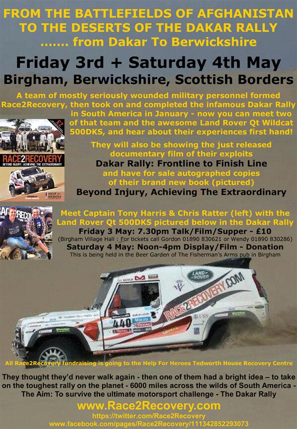 @TheRedTunic You're all invited! Birgham, nr Coldstream, Sat 4 May for Race2Recovery event, see poster:
