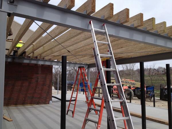 Up up and away!  The patio roof begins! #Omaha #RestaurantImpossible #restaurantpatios