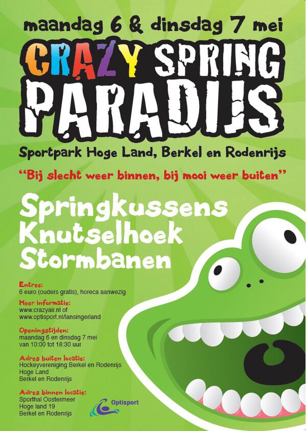 Optisportevents's tweet photo. Het Crazy Spring Paradijs in Berkel en Rodenrijs op 6 &amp; 7 mei!  Bij slecht weer binnen, bij mooi weer buiten! http://t.co/asKGa6Kem8