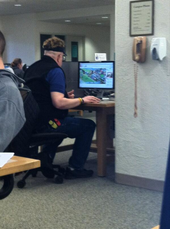djlydon's tweet photo. Yup that is a 60 year old with a millet playing FarmVille in the library #NHproblems http://t.co/ukoVhAlixQ