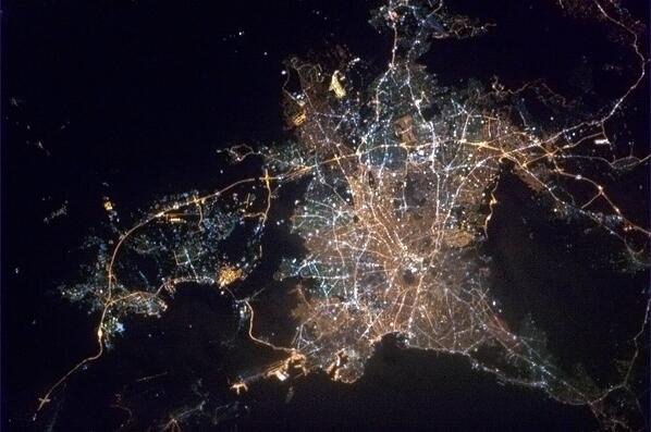 Cmdr_Hadfield's tweet photo. Athens, Greece. The Parthenon at the heart stands out from orbit. http://t.co/PqOElsXplO
