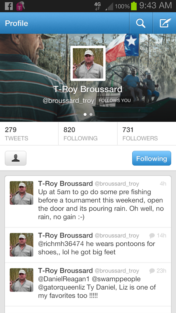 I love that the guys from #swamppeople follow their fans #troybroussard @broussard_troy @JAY_PAUL985 @SwampPeople