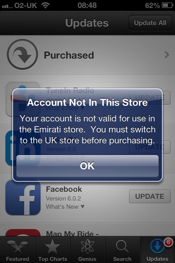 TheRagingBelf's tweet image. I&apos;m in the UK now, and keep getting this message. Anyone know how to fix it? #bloodyiphone #appstoreproblems