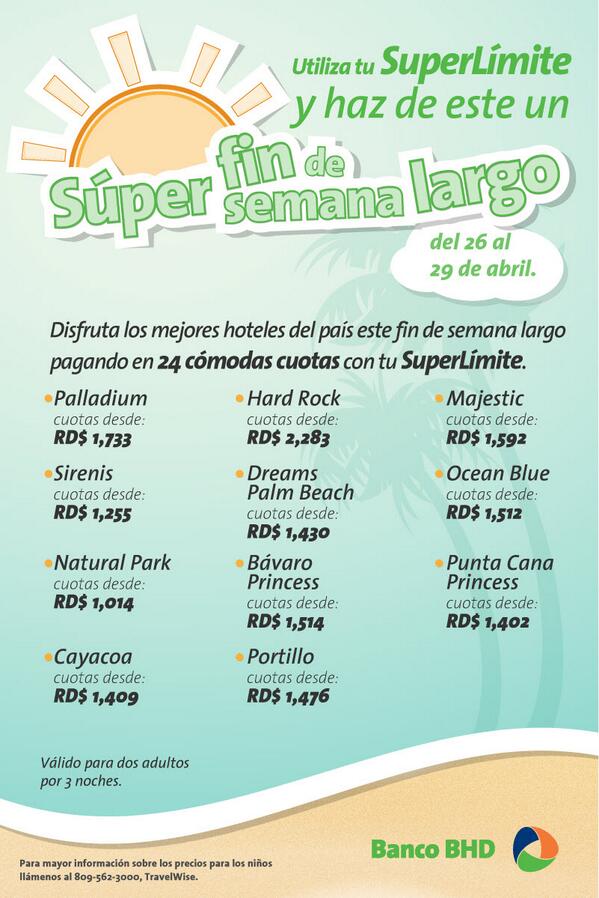 BancoBHD's tweet photo. Utiliza tu SuperLímite BHD y haz de este un Súper fin de semana largo. http://t.co/A8m4J9qaH1