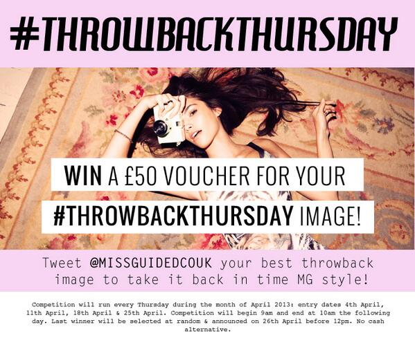 Missguided's tweet photo. Being Thursday means one thing!! Let's take it back - Throw back &amp; WIN!! x #THROWBACKTHURSDAY #MGCompetition http://t.co/SfrQHmQ1jE