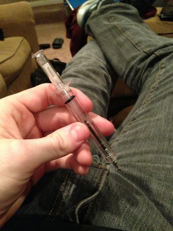 Ryan_Headley's tweet image. Couldnt stop laughing at this pen i found at work #qualityfind #syringepen