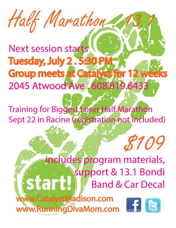 CatalystMadison's tweet image. Catalyst @RunningDivaMom Half Marathon training group starts July2 for 12 weeks. runningdivamom@yahoo.com to register