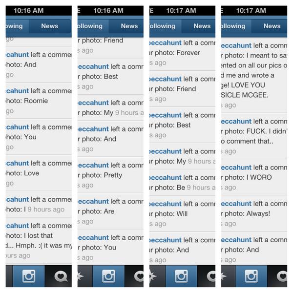 Mackbug's tweet image. If you read from bottom to top, left to right, @therebeccahunt left me a lil love on all our pictures :) #loveher