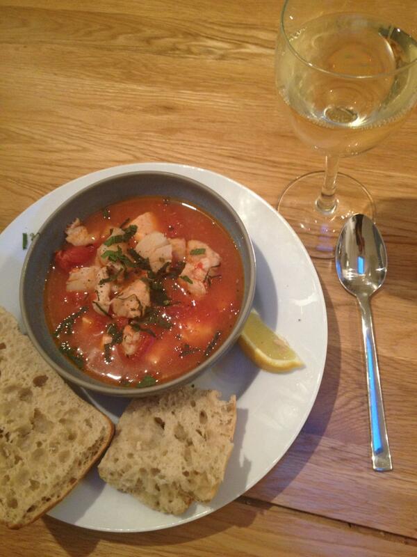 SophieEB's tweet photo. #studiocatering tonight fish stew with ciabatta. It was yummy. Last night tuna steaks with salsa. http://t.co/noXj5rDQEb