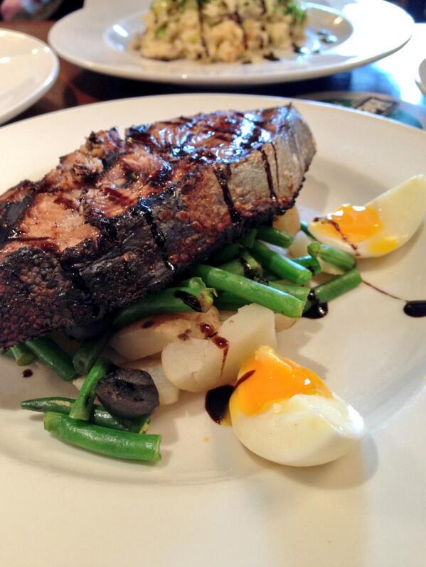 Seared Teriyaki Tuna Steak served on a warm Niçoise salad.