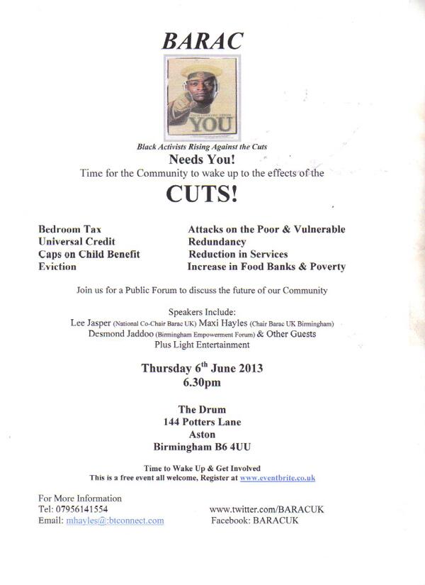 BhamTUC's tweet photo. @DESJADDOO: BARAC Meeting About the Cuts at The Drum Thursday 6th June 2013 6.30pm book at http://t.co/ytydIeyEvi http://t.co/AtT3fgNIrx
