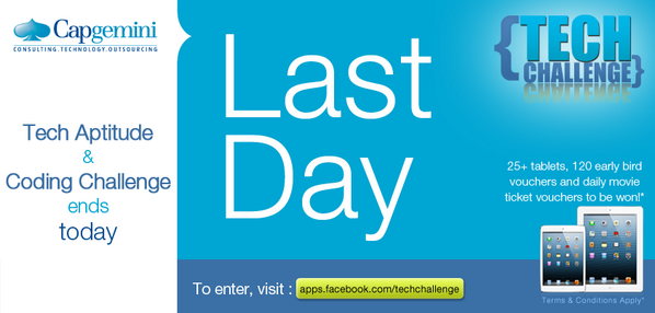 CapgeminiIndia's tweet photo. #Capgemni's #TechChallenge ends today at 12:00 pm! You still have a chance to enter and win!! http://t.co/ERJ1EnihLp http://t.co/mDH497OAVQ