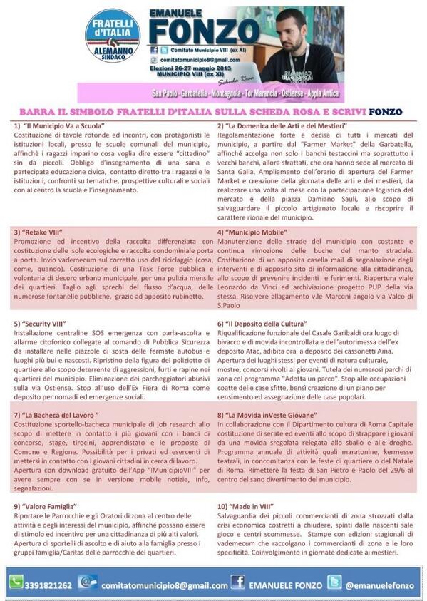 Il PROGRAMMA per il #municipioVIII ex XI. IL 26-27 MAGGIO sulla scheda ROSA barra #fratelliditalia e scrivi FONZO