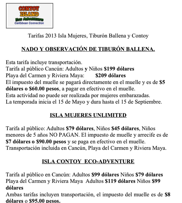 marazulcun's tweet photo. Aqui los precios de tours:
ISLA CONTOY
ISLA MUJERES 
NADO Y OBSERVACION DE TIBURON BALLENA. http://t.co/AEaKnvzF9u
