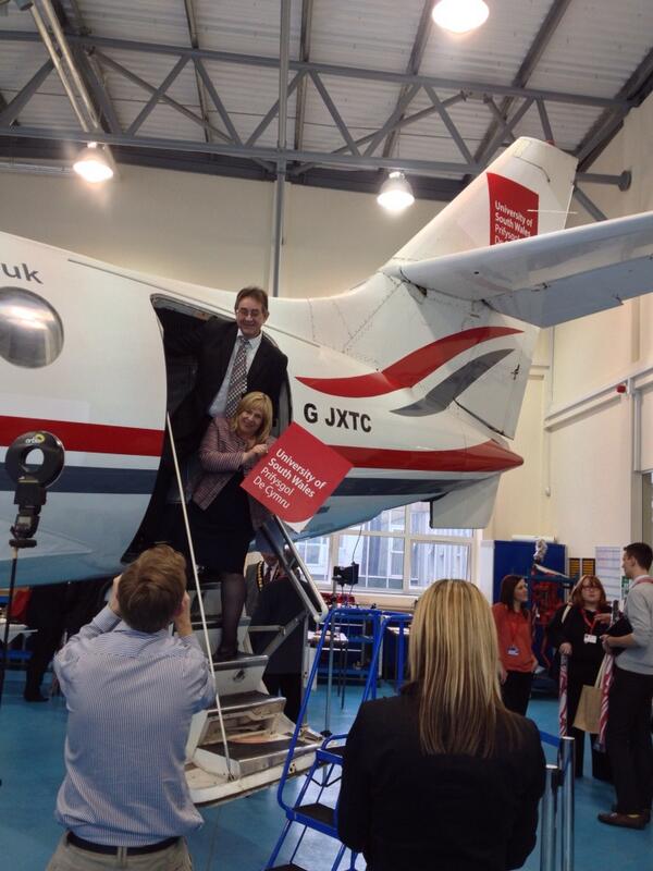 UniSouthWales's tweet photo. VC Julie Lydon and @MickAntoniwAM at our Treforest launch event this lunchtime, abroad the University's airliner. http://t.co/z02G6NPY0N