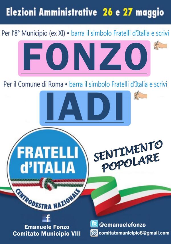 Per il #municipioVIII scheda Rosa barra il simbolo #fratelliditalia e scrivi FONZO,al Comune scheda azzurra IADI