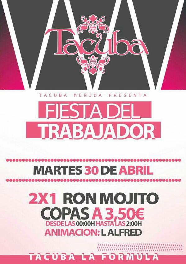 TacubaMERIDA's tweet photo. Mañana en TACUBA tenemos la FIESTA DEL TRABAJADOR ven y disfruta de los descuentos que tenemos preparado para vosotrs http://t.co/BkgG7gSLrl