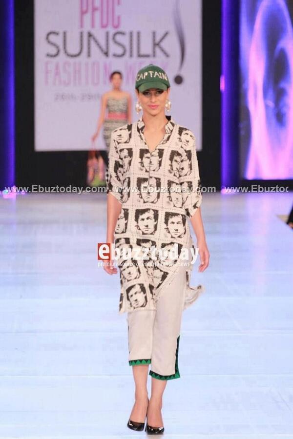 The girl on a ramp wearing #ImranKhan shirt and Cap. Kaptaan's fever everywhere. #PTI #PakFashion