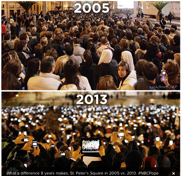 Michael_Conrad's tweet photo. Pope Election in 2005. Pope Election in 2013. Proof that smart phones are changing everything. #enttechsummit http://t.co/IyfywFgQSv