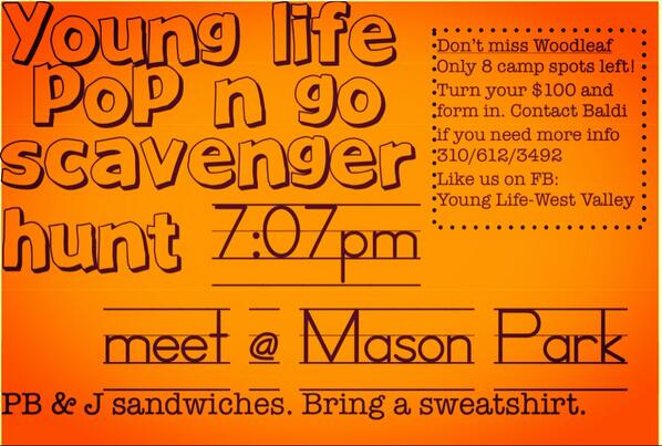 Tomorrow!! Awesomeness is happening! Come to club at mason park 7:07!! #younglife  #YLWV #outsidefun #bethere!