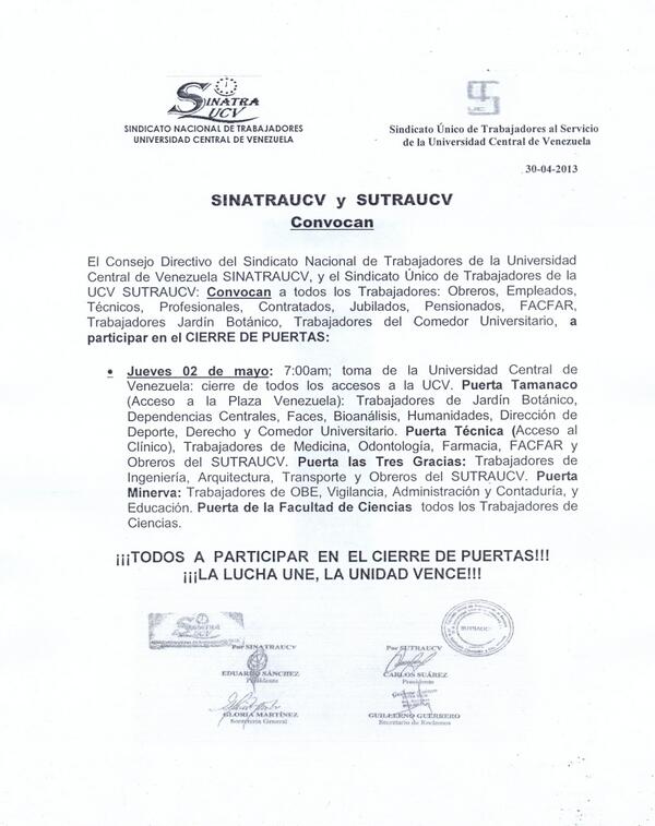 Mañana Jue. 02 d Mayo está previsto cierre d puertas d la UCV convocado por Sutra y Sinatra a las 7:00 AM  <a href="/UCEVISTAS/">NewYork Times MOVENU</a>