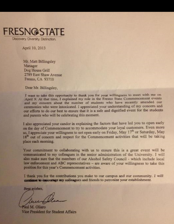 FresnoFoodFinds's tweet photo. RT @tbjfresno @BethanyClough foodfor thought. Fresno State asks Dog House Grill to not open early due to boozin' http://t.co/efeDBTLQcp