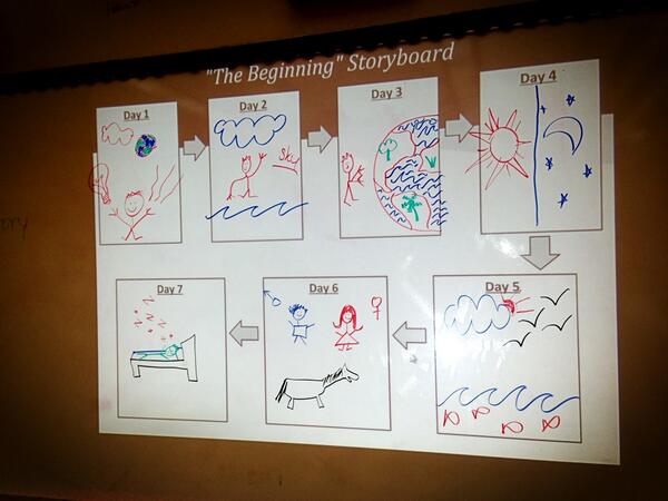 AllisonLizars's tweet photo. Hunter's storyboard is a visual representation of "The Beginning," from the book of Genesis...wud up, Judaism Day 1! http://t.co/d1DUlAzMdm