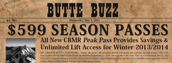 Extra, extra - read about this! $599 passes for next season go on sale tomorrow!  #crestedbutte <a href="/ColoradoSkiUSA/">Colorado Ski Country USA</a>