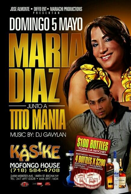 TitoManiaFans's tweet photo. Este Domingo 5 de Mayo: Maria Diaz junto a Tito Mania en Kasike Mofongo House! Info (718) 584 4708 http://t.co/5mL42ePpKy