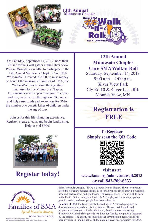 MNCureSMA's tweet photo. Check out our awesome flyer for our Walk-N-Roll! Feel free to use to post and help promote the event! #FSMA http://t.co/6NNqoKcvAM