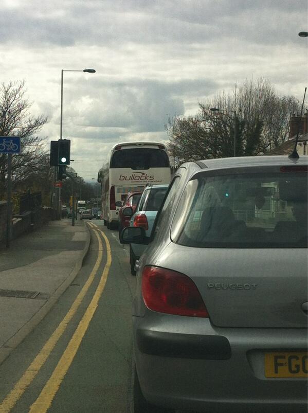 elo1996's tweet photo. In a mad dash to Manchester and ironically stuck behind this bus... 😰 #traffic #itsanightmare http://t.co/kFiBVXY7ku