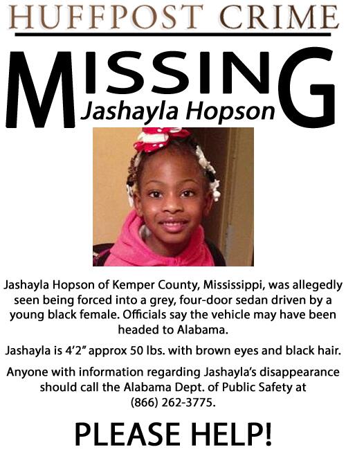 HuffPostCrime's tweet photo. PLEASE RT -- MISSING: Jashayla Hopson, 6, 4'2" ~50 lbs. of Kemper County, Miss. 

http://t.co/zQVex3XYy5 http://t.co/KNTntNoROq