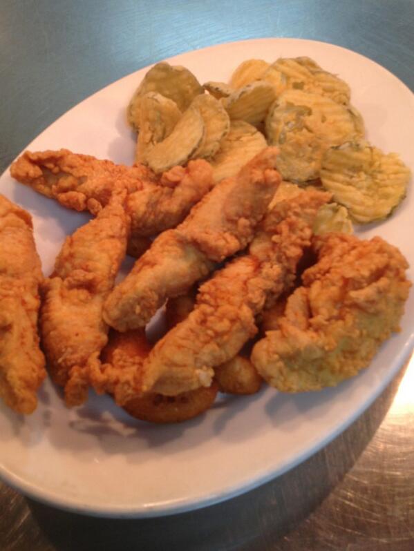 Chicken tenders with fried pickle chips