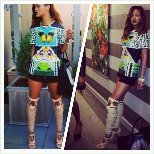 TheGlamScoop's tweet photo. Rihanna has took Instagram by storm in Mary Katrantsou Butterfly Top &amp; Tom Ford Strappy Gladiator Sandals!!!!! http://t.co/aVg9HILHrc