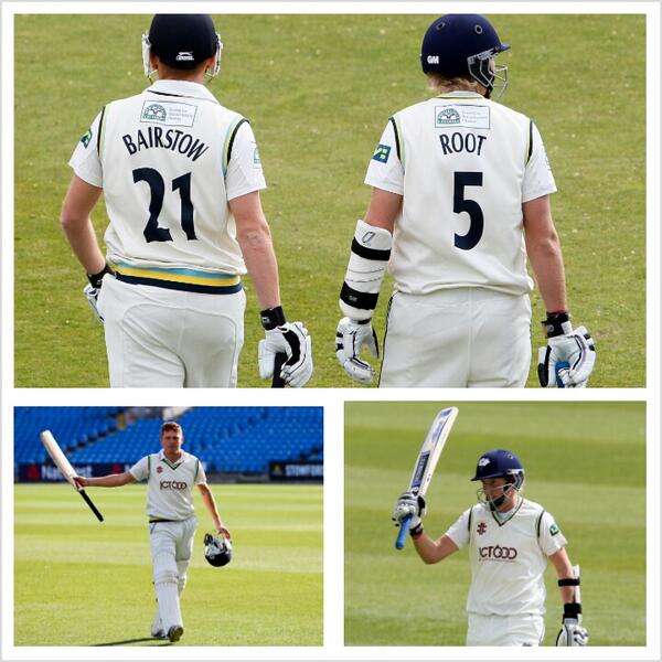 YorkshireCCC's tweet photo. #YCCC & @ECB_cricket dynamic duo were imperious today. @joeroot05 236 @jbairstow21 186. Partnership of 231. #LCVV http://t.co/aHs4KAjD4r