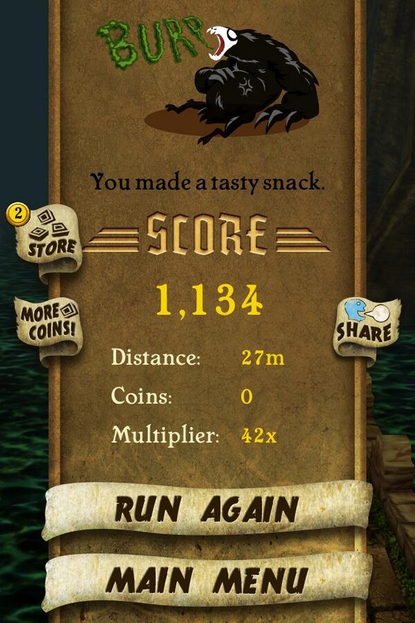 I got 1,134 points while escaping from demon monkeys. Beat that! bit.ly/TempleRunGame #TempleRul