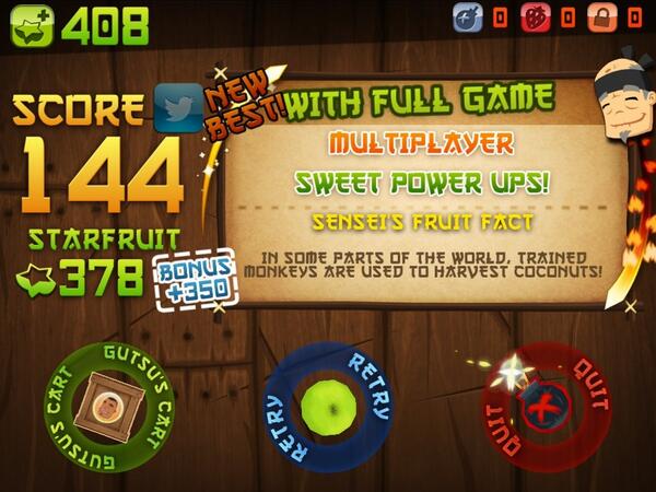 Sadap e :p RT <a href="/99_ferdy/">ferdy anaktototy</a>: I just sliced 144 fruit in Classic Mode on Fruit Ninja HD for iPad! bit.ly/MGjtkN