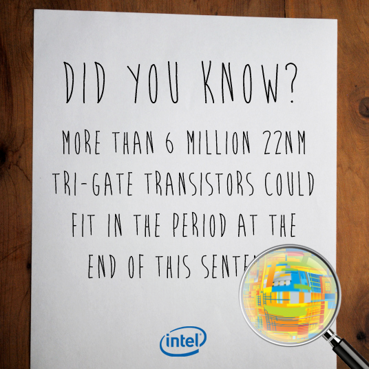 IntelIndia's tweet photo. More than 6 million 22 NM Tri-Gate transistors could fit in the period at the end of this sentence #IntelFact http://t.co/smcvu1qE8q
