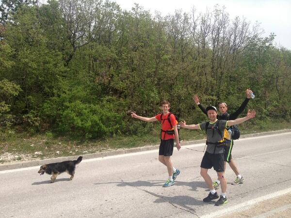 RunforLove1000's tweet photo. Some of the RFL team today with the team dog that has followed us for 70 miles. Epic effort from everyone http://t.co/gFs3no0T2v