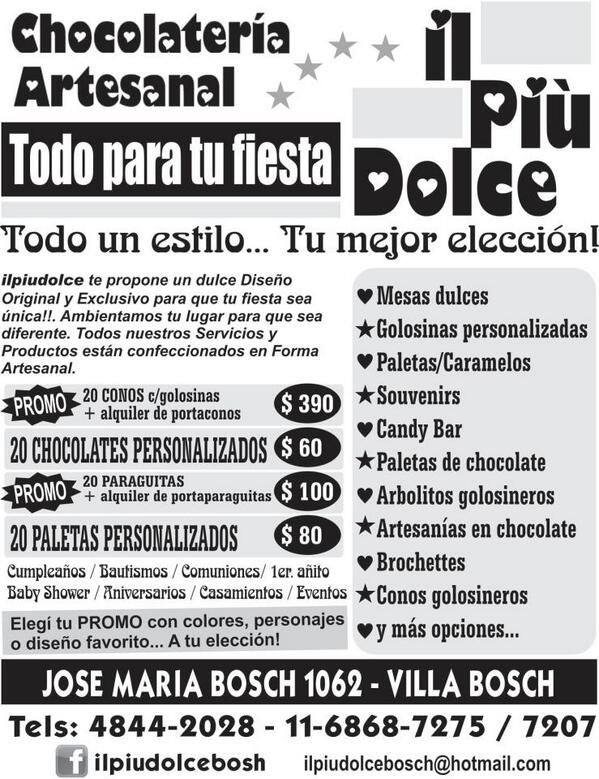 ILPIUDOLCE1's tweet photo. dulces promos para cumpleaños 
ENCONTRALAS EN IL PIU DOLCE 
VILLA BOSCH http://t.co/KppMo3dcU4