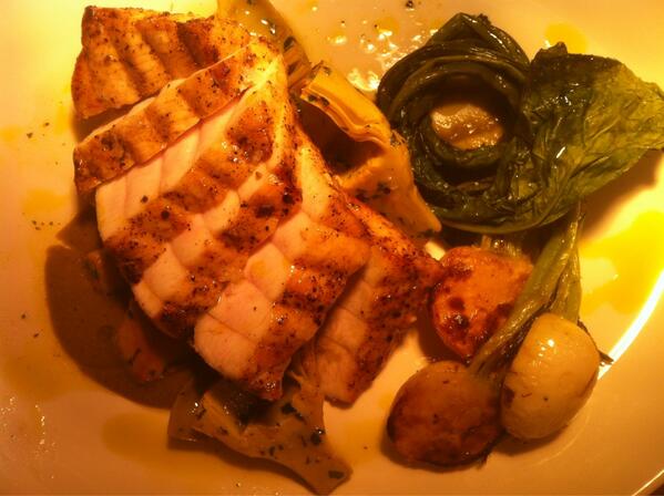 BenBettinger's tweet photo. Grilled wild Sturgeon, baby artichokes, turnips and their greens, grilled green garlic vin http://t.co/Kfcvo3nwFg