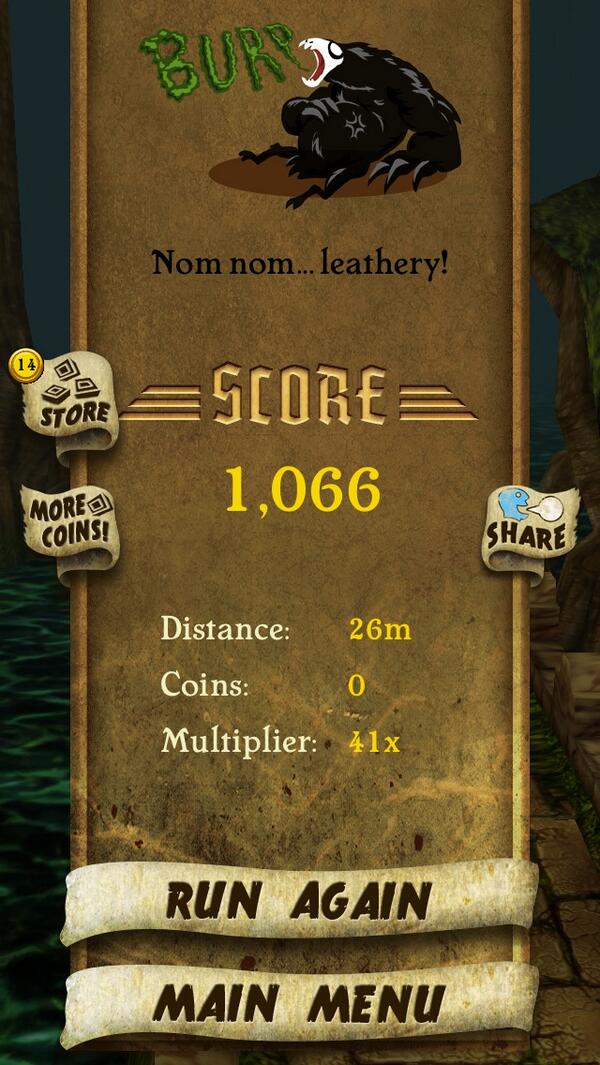edkwarts's tweet photo. I got 1,066 points while escaping from demon monkeys. Beat that! http://t.co/ddPD44x5zg #TempleRuni http://t.co/zlZTJTYutV