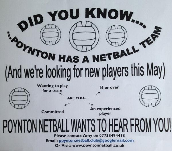 Poynton Netball are looking for experienced players to join their team this May.Do u or a friend want to join? PlsRT