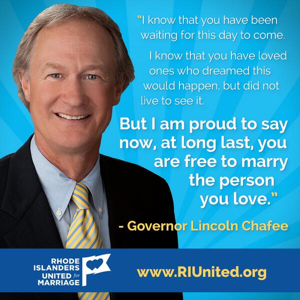 RIUnited's tweet photo. "I am proud to say that now, at long last, you are free to marry the person you love." -Gov @LincolnChafee #RI4M http://t.co/nSiohuFCPj