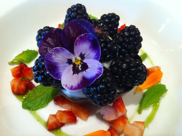 RCordonier's tweet photo. Invasive dessert for this weeks "Eat'em to Beat'em" feature menu. Blackberries, lavender, mint. @hillsidewines http://t.co/1ZRPDMGR79