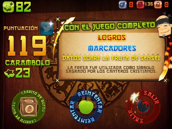 ¡He cortado 119 frutas en modo Clásico en Fruit Ninja HD para iPad! bit.ly/MGjtkN