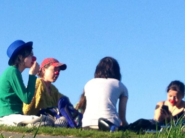 Creeping on an an all women's clown school session at Gasworks park. Yes, they are wearing red noses.