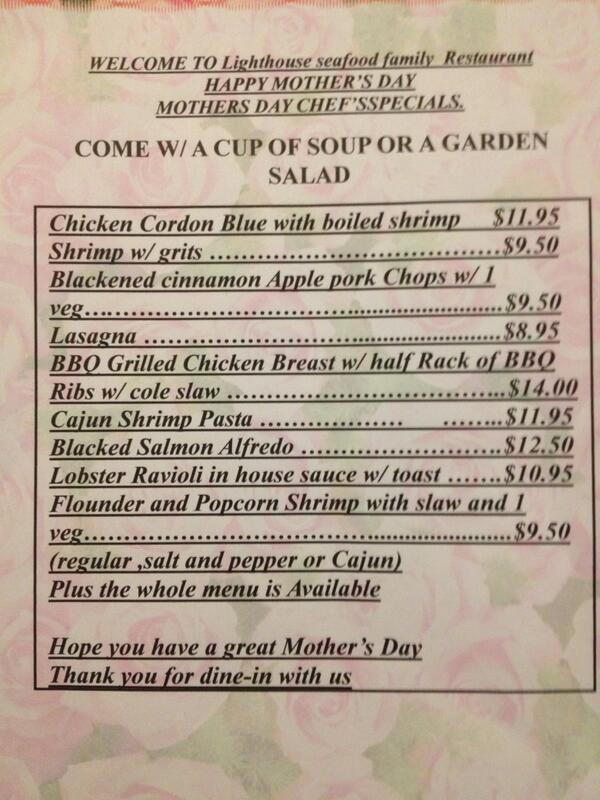 Mother's Day specials at Lighthouse seafood and more.