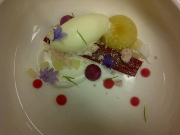 From tonights dinner <a href="/bookstocooks/">Books To Cooks</a>  Elderflower poached rhubarb,orange blossom and honey ice cream,spruce marshmellow